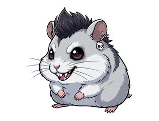 Mean gangster hamster with punk hairstyle and skull earring - isolated white background chibi illustration