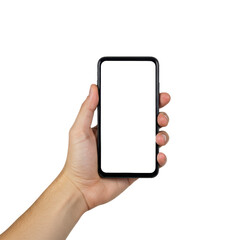 Young caucasian hand gently holding a sleek black smartphone with a blank white screen, isolated on a transparent seamless studio background with ample copy space, concept for mobile technology