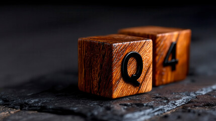 Close up image of wooden cubes with alphabet Q4 on office desk. Fourth quarter concept. A macro photograph showcasing wooden blocks displaying the letter q and the number four