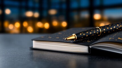 Close up of a planner open to Q4 goals a pen resting on it with subtle American flag pattern bright office lighting. Achieving autumn objectives a view of a schedule book