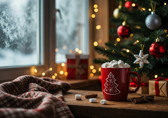 Cozy Christmas Morning Scene with Hot Cocoa, Frosted Window, and Holiday Lights in Warm Rustic Setting