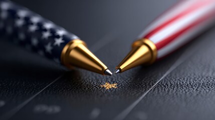 Close up of a planner open to Q4 goals a pen resting on it with subtle American flag pattern bright office lighting. Achieving autumn objectives a strategy session under bright