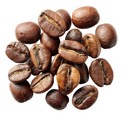 Fototapeta premium Roasted coffee beans in a scattered top view on clean white background. Warm brown texture and glossy cracks. Signal energy, comfort, and premium quality. Ideal for café menus, packaging