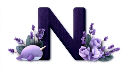 cute baby narval with letter n clipart watercolor illustration. Adorable infant narwhal image featuring a charming watercolor depiction of a letter n perfect for crafting projects