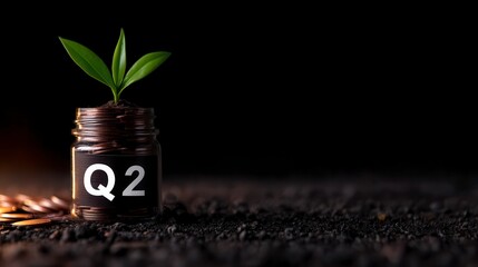 Financial quarter growth strategy with coin jar and green plant label q1 q2 q3 for investment planning and business profitability sustainability goal. Boosting investment returns