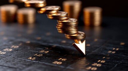 Fourth quarter of 2023 negative performance financial report and fiscal concept. Downward arrow with decreasing coins and calendar in black background. Fiscal year conclusion analysis