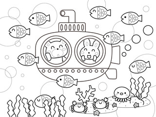 潜水艦と魚たちの塗り絵