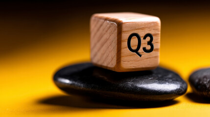 Q3 results wooden block with . Business concept. Third quarter financial performance a solid foundation for future growth illustrated by a simple wooden cube representing stability