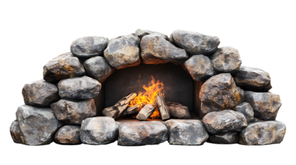 Rustic stone arch fireplace isolated on transparent background