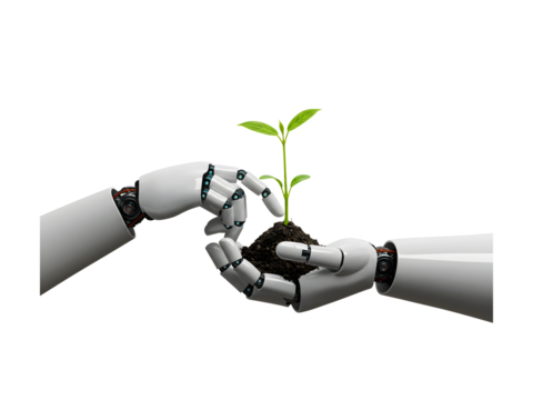 A robotic hand gently holding a seedling or connecting with a tree-formed hand — symbolizing harmony between technology and nature. Isolated on white or a transparent background.

