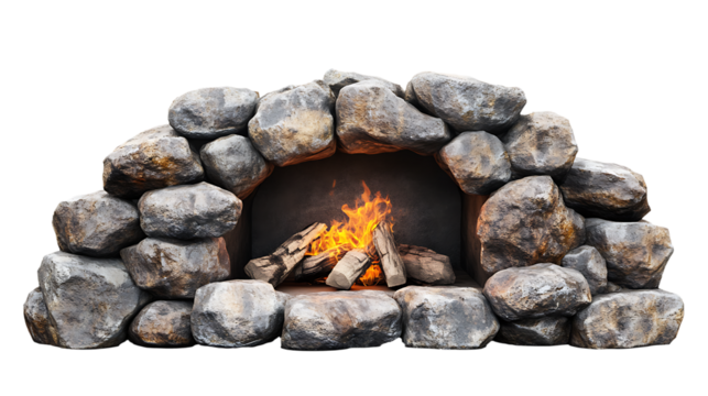 Rustic stone arch fireplace isolated on transparent background