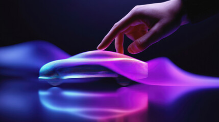 Hand interacting with futuristic glowing holographic car model in neon light, symbolizing innovation, digital design and smart automotive technology in a dark environment. Selective focus.