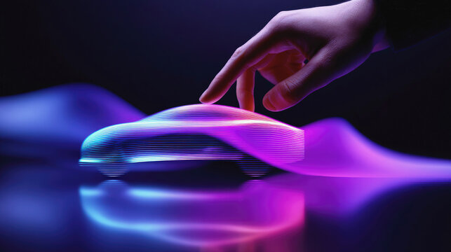 Hand interacting with futuristic glowing holographic car model in neon light, symbolizing innovation, digital design and smart automotive technology in a dark environment. Selective focus.