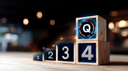 Stacked wood blocks showing a number of quarter Q1 Q2 Q3 and Q4 and beautiful virtual holographic business graph. Quarterly performance visualization a holographic chart depicting