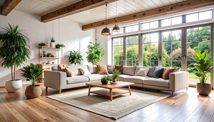 Obraz premium Serene Modern Living Room: Luminous Sunlight, Exposed Beams, Lush Greenery