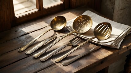 Elegant Gold Kitchen Utensils on Wooden Table with Natural Light