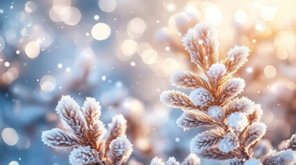 Frosty Winter Branches in Snowy Forest Sunlight