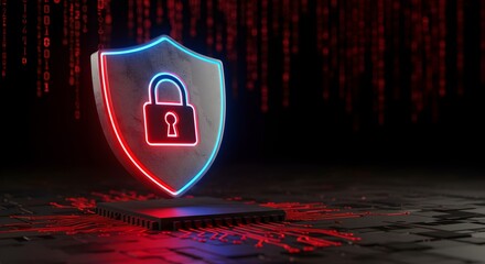 A glowing shield with a lock, symbolizing security and protection, on a dark, digital backdrop.
