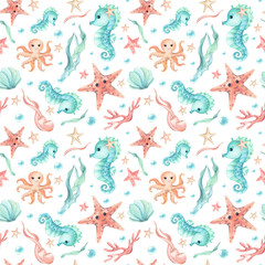 Seahorse, starfish, octopus cute children's illustration seamless pattern. Watercolor characters, seaweed, bubbles of underwater world isolated from background. Kids design for textile, packaging