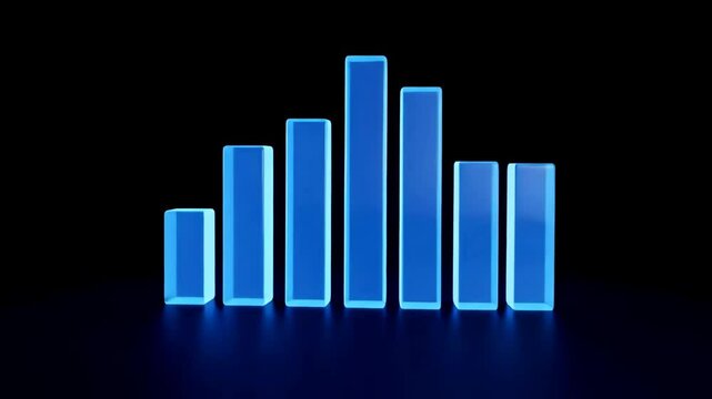 Seamless loop animation of a glowing blue 3D bar chart with fluctuating data rotating on a black background