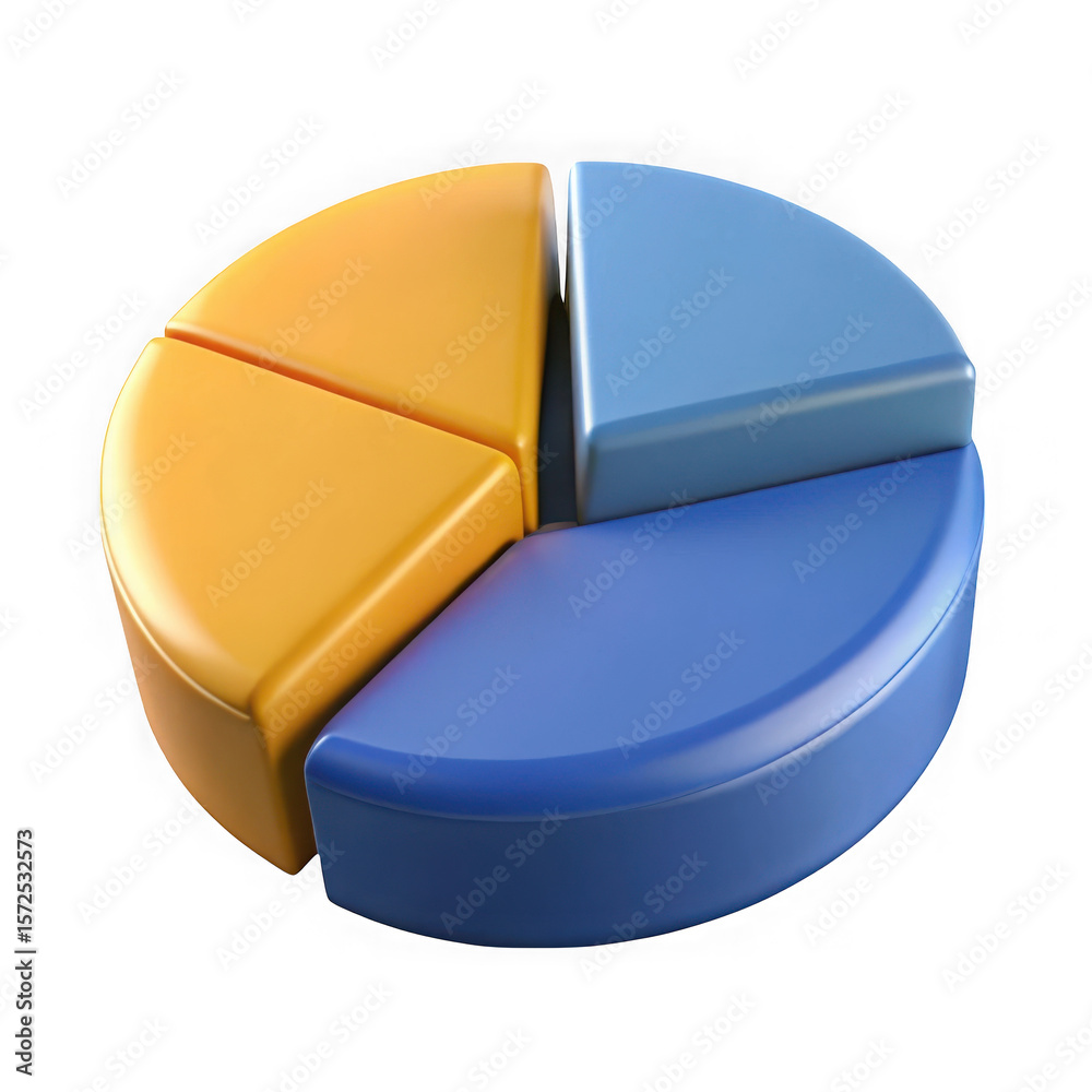 Poster three dimensional pie chart with two blue and two yellow segments representing data analysis and fin