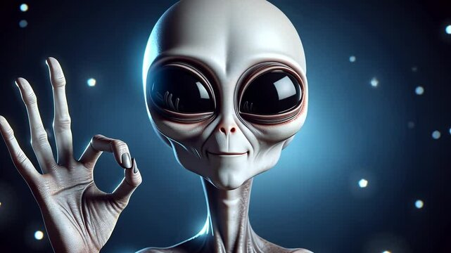 A humanoid alien with large black eyes and a slender body makes an 'OK' gesture. The background features a starry night sky with glowing stars.