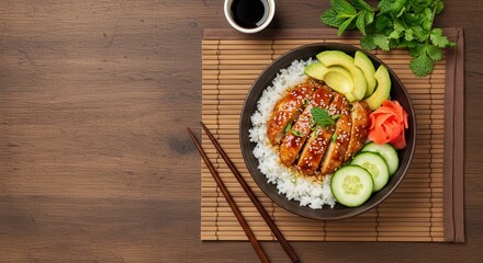 Delicious Asian Chicken Bowl with Rice, Fresh Vegetables, and Garnishes on a Rustic Wooden Table