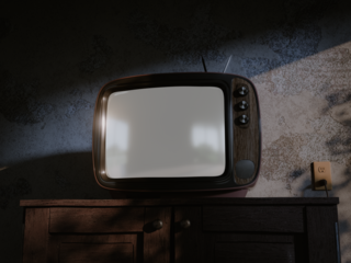 Vintage Retro TV with blank screen on a wooden cabinet in a dimly lit room with textured walls, evoking nostalgia. CGI