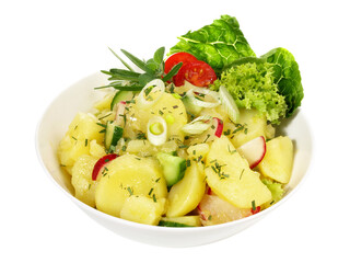 Potato Salad with Cucumber and Radish in a Bowl on Potato Salad with Bacon and Spring Onions in a Bowl on Transparent PNG Background