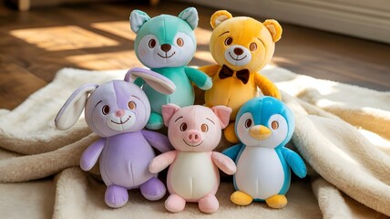 Group of Colorful Plush Toys on Soft Blanket Perfect for Children
