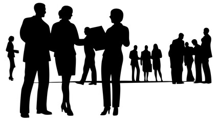 Silhouettes of people working in groups and standing business professionals. Vector illustration of teamwork, office collaboration, and corporate communication on a transparent background.