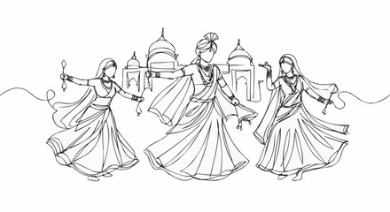 A line art of traditional dancers celebrating in front of an ancient building.