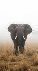 Obraz premium A majestic African elephant stands in tall, dry grass, shrouded in mist.