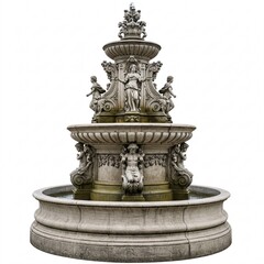 Obraz premium Majestic stone fountain adorned with decorative statues, set against a white