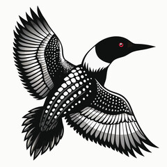 Majestic common loon in flight detailed illustration of a bird with striking black and white plumage and red eye