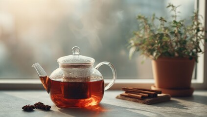 Glass teakettle by window