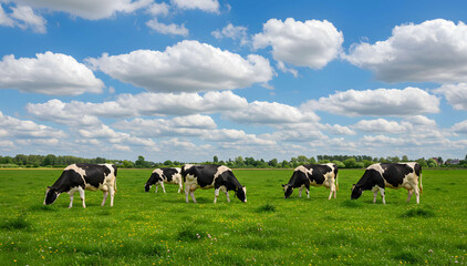 Grazing cows on green pasture under clear blue sky