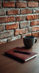 Close-up of journal, pen, and mug on wooden table