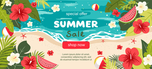 Big summer sale banner featuring tropical leaves, flowers, watermelon slices, beach balls, ocean