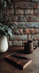 Rustic, warm desk scene with journal and mug