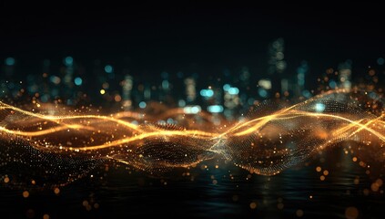 Golden, wavy, particle streaks over a dark city