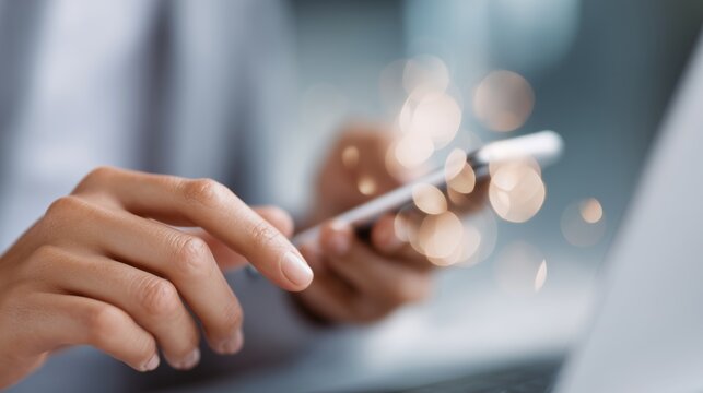 Engaged hand using smartphone with sparkling effects in a modern office environment during the daytime