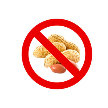 Prohibition sign with picture of peanuts under prohibition symbol in red circle isolated on transparent background. Peanut prohibition sign. No peanuts icon.