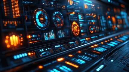 Futuristic dashboard with glowing orange and blue displays
