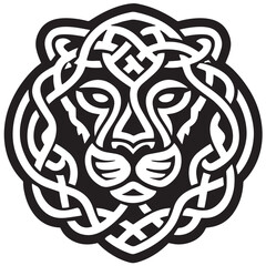 Vintage tribal lion head icon illustration with floral and wing decoration