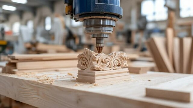 Automated wood carving by cnc machine crafting ornate wooden details in workshop