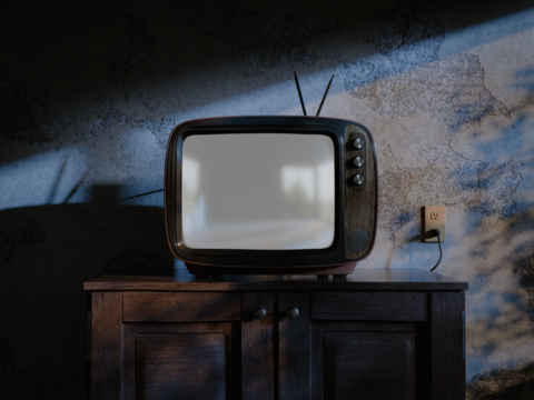 Vintage Retro TV with blank screen on a wooden cabinet in a dimly lit room with textured walls, evoking nostalgia. CGI