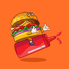 Burger Character Surfing on Ketchup Bottle with Saka Hand Sign Cartoon Vector Illustration 