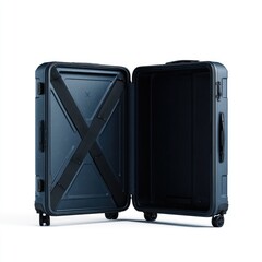 Dark navy blue hard-shell suitcase open, showing interior