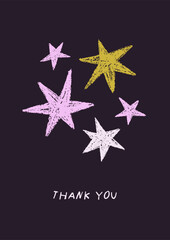 Obraz premium Star card design with thank you lettering. Doodle style poster, starry cosmos, night sky with magic sparkles. Postcard background, twinkles and thanking, gratitude typography. Flat vector illustration